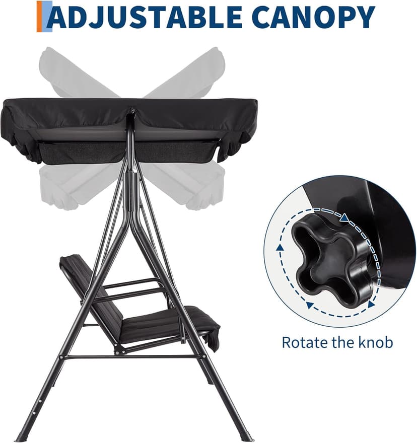 Outdoor Porch Swing Chair with Adjustable Canopy for Adults 3 Seat Glider Bench with Thickened Cushions Outside Patio Swing for Backyard Lawn Garden Black