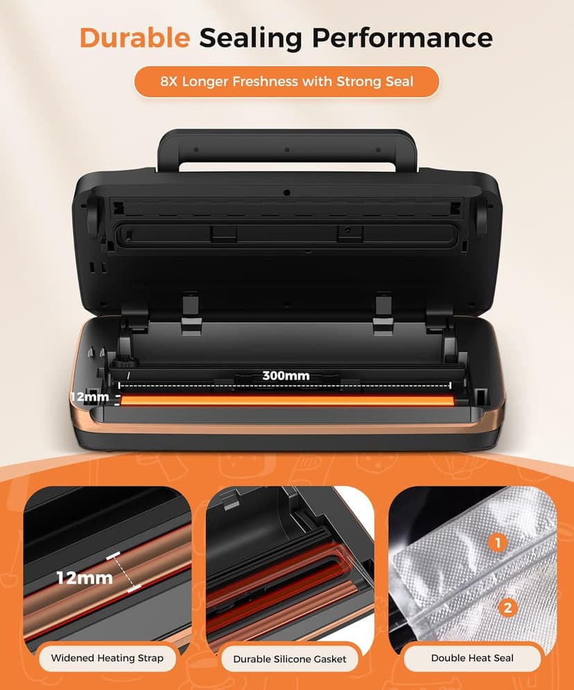 95kpa Vacuum Sealer Machine,Commercial Full Automatic Food Sealer,10-in-1 Sealing System with Double Heat Seal,Bags Storage, Easy-Lock Handle,Build-in Cutter,1 Bag Rolls and 10 pcs Pre-cut Bags