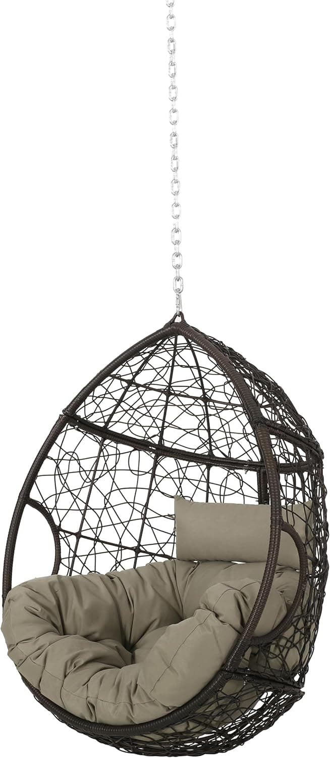 Outdoor Hanging Egg Chair with 8FT Chain, Patio Wicker Swing Egg Basket Chairs, Rattan Basket Hanging Chair Without Stand, Indoor Outdoor Wicker Hammock Egg Chair, Ideal for Patio Garden, Khaki Brown