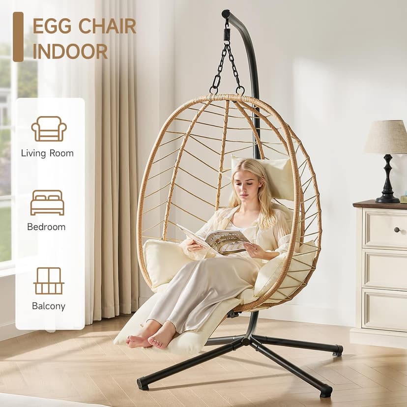 Hanging Egg Chair with Adjustable Footrest & Stand, Wicker Rattan Swing Hammock Chair with Cushion & Double Chains, 350LBS Capacity for Outdoor & Indoor Patio, Deck, Bedroom, Balcony (YE-BE)