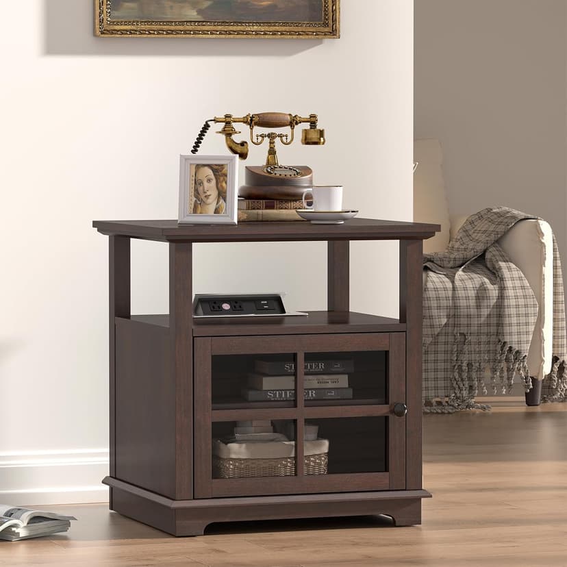 HIFYOBRO 24''Tall End Table with Charging Station, Adjustable Shelf, Storage Side Table,21" Large Nightstand for Living Room, Bedroom,Espresso