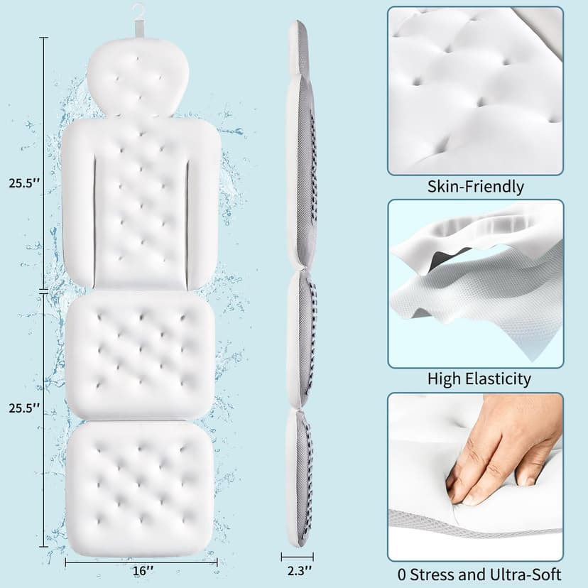 Full Body Bath Pillow for Bathtub, Thick Bathtub Cushion with Laundry Bag, Luxury Tub Pillow for Bath for Headrest Neck and Back Support White 51" x 16"