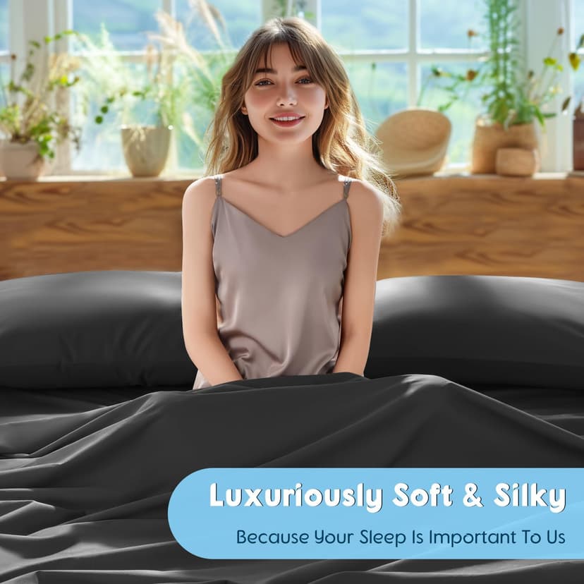 SONORO KATE 100% Egyptian Cotton Sheets Set - 1000 High Thread Count, Luxury 5-Star Hotel Sateen Bed Sheets, Soft, Breathable Long Staple Sheets, Fit up to 16" - 4 PC (Black,Queen)