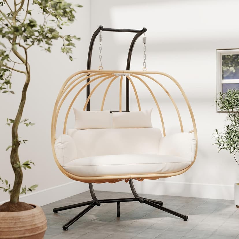 Hanging Chairs with Stand, All Weather Double Egg Chair Outdoor, Metal Hanging Egg Chairs Outdoor, 2 Person Oversized Swing Egg Chair, Modern Balcony Basket Loveseat for Indoor/Deck, Beige
