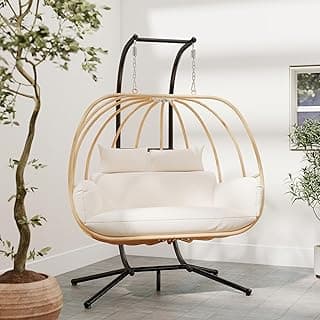 Hanging Chairs with Stand, All Weather Double Egg Chair Outdoor, Metal Hanging Egg Chairs Outdoor, 2 Person Oversized Swing Egg Chair, Modern Balcony Basket Loveseat for Indoor/Deck, Beige