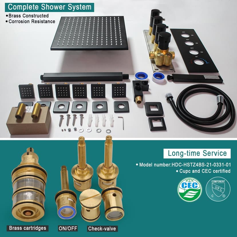 HOMEDEC Black Full Shower Jets System, Ceiling Rain 16" LED Shower Faucet Set with 6 Pcs Body Sprays and Brass 3 Ways Thermostatic Valve, Can Use All At Once, 3/4inch Inlet Large Flow