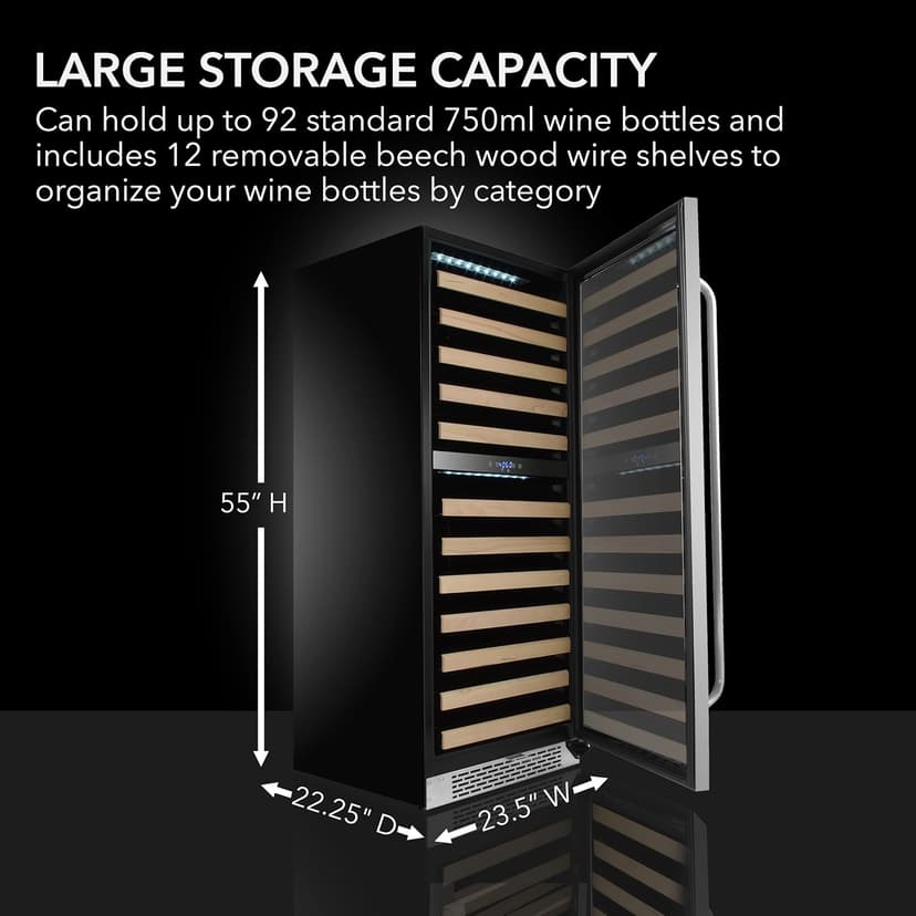 Whynter BWR-0922DZ 92 Wine Bottle Built-in or Freestanding Stainless Steel Dual Zone Compressor Large Capacity Refrigerator Rack for Open LED Display, Dark Grey-92 Grey