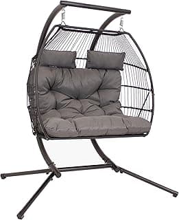 Sunnydaze Andrei Double Hanging Egg Chair with Stand - 2-Person Outdoor Egg Chair - Includes Steel Stand and Cushion - Dark Gray