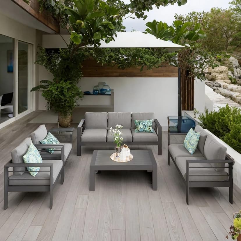 Solaste Aluminum Patio Furniture Set,7 Seats Modern Outdoor Conversation Set Sectional Sofa with Upgrade Cushion and Coffee Table,Grey