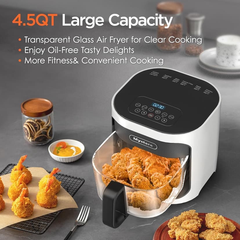 Glass Air Fryer, Digital control panel, 4.5QT Glass Bowl, Hot Air Circulation Technology, Precise Temperature Control, Dishwasher Safe, Transparent and Easy-to-clean Containers(White)