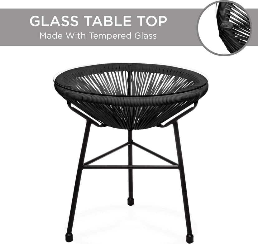 Best Choice Products 3-Piece Outdoor Acapulco All-Weather Patio Conversation Bistro Set w/Plastic Rope, Glass Top Table and 2 Chairs - Black
