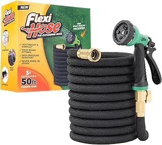 Flexi Hose Lightweight Garden Hose, 50FT - Expandable Hose with 8 Function Nozzle, No-Kink Flexibility, 3/4 Inch Solid Brass Fittings and Double Latex Core