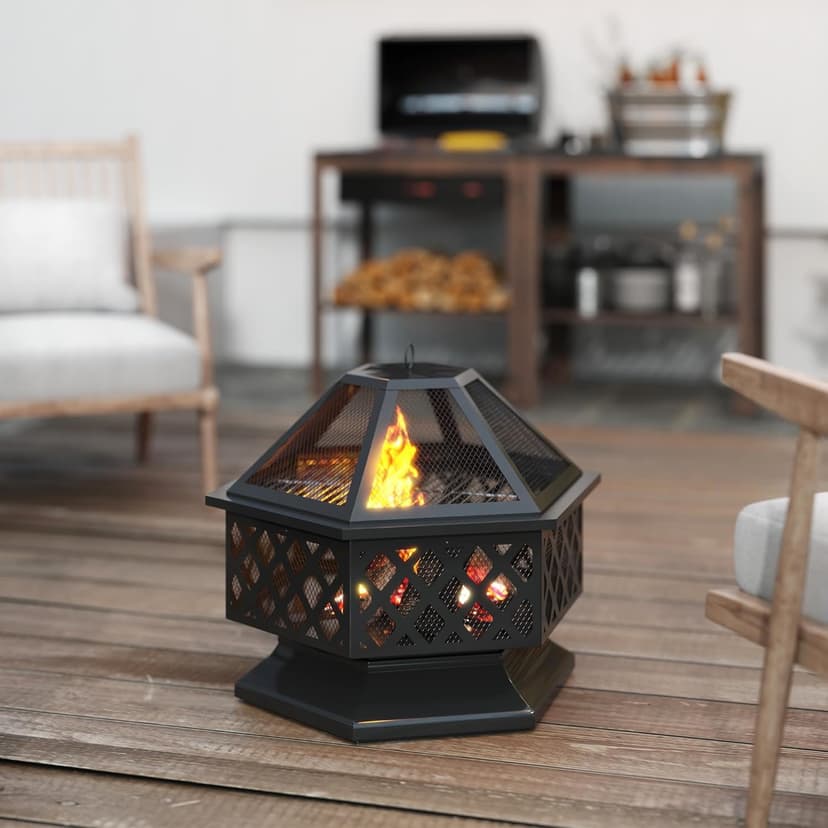 Outsunny 28" Outdoor Fire Pit Grill, Portable Wood Burning Firepit for Outside with Cooking Grate, Fire Poker, Spark Screen Lid, Steel Hexagon Fireplace for Patio Bonfire Backyard BBQ Camping Picnic
