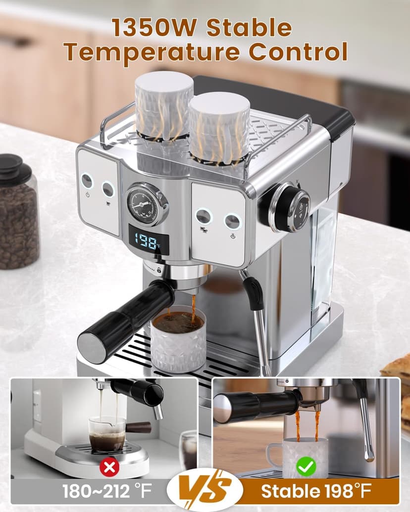 Espresso Machine 20 Bar, Milk Frother Steam Wand, 60oz (1.8 Liters) Water Tank, 1350W for Home Barista Espresso Latte Macchiato and Cappuccino Maker