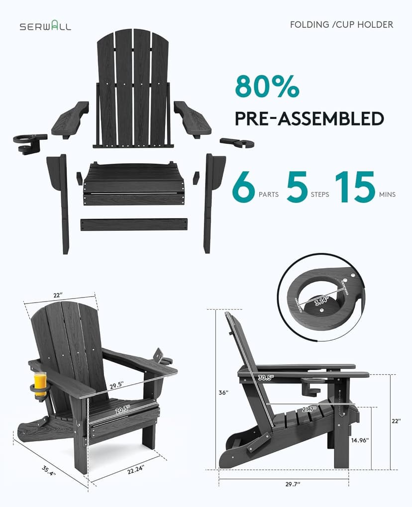 SERWALL Foldable Adirondack Chair, HDPE Adirondack Chair with Wood-Texture-Gray