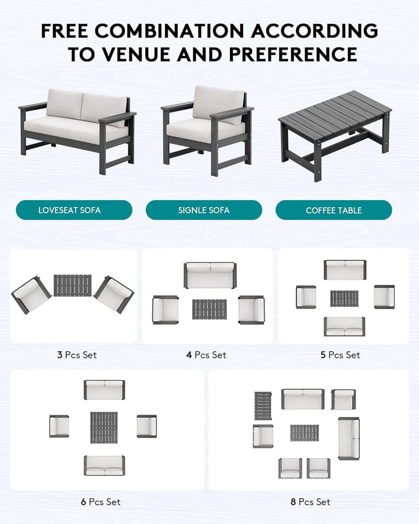 SERWALL 5 Pieces HDPE Outdoor Sofa Set with Cushions, All Weather Use Patio Conversation Couch Loveseat Furniture with Coffee Table for Balcony, Deck, Poolside, Grey Frame with Khaki Cushions