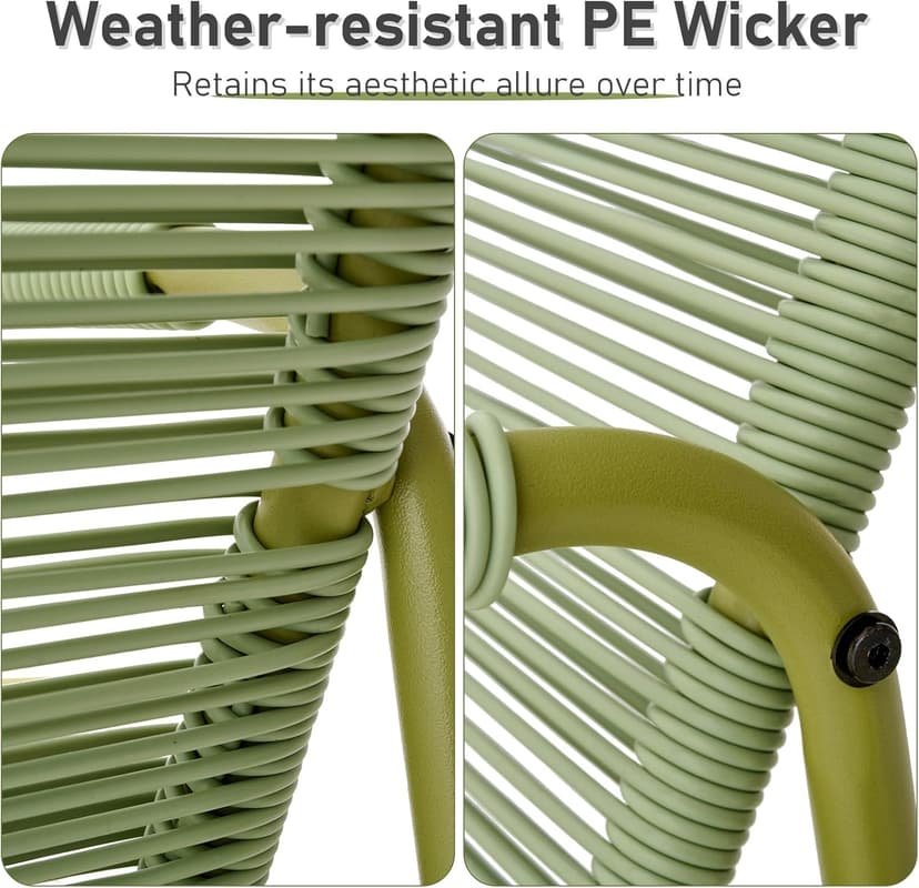 3-Piece Outdoor Wicker Patio Bistro Set, All-Weather Rattan Conversation Set with Round Side Table, Patio Furniture Set with Cushions for Deck, Balcony, Poolside, Porch and Yard, Green