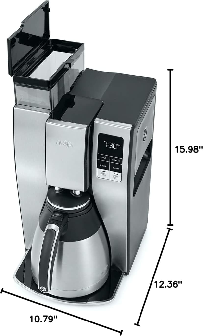 Mr. Coffee 10-Cup Programmable Coffee Maker, Insulated Thermal Carafe, Brew Strength Selection, Brew Now or Later, Stainless Steel