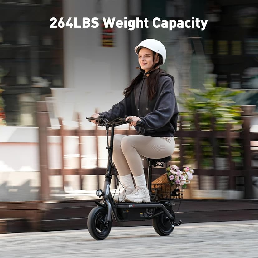 iScooter Electric Scooter with Seat, 37/21 Miles Long Range & 28/19/15.6 MPH Top Speed, 14"/12"/10" Pneumatic Tire, Height Adjustable Seat & Handlebar, Dual Suspensions Commuting Scooter with Basket