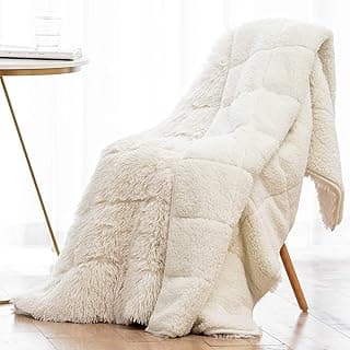 Wemore Shaggy Long Fur Faux Fur Weighted Blanket, Cozy and Fluffy Plush Sherpa Long Hair Blanket for Adult 15lbs, Fluffy Fuzzy Sherpa Reverse Heavy Blankets for Bed, Couch, Cream White, 48 x 72 Inches