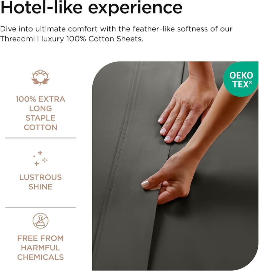 Threadmill Luxury 800 Thread Count King 100% Cotton Sheets - Dark Grey Sateen Weave Bed-Sheets, Better Than Egyptian Cotton,4 Pc Solid Soft Bedding Set, Fits 16" Deep Pocket