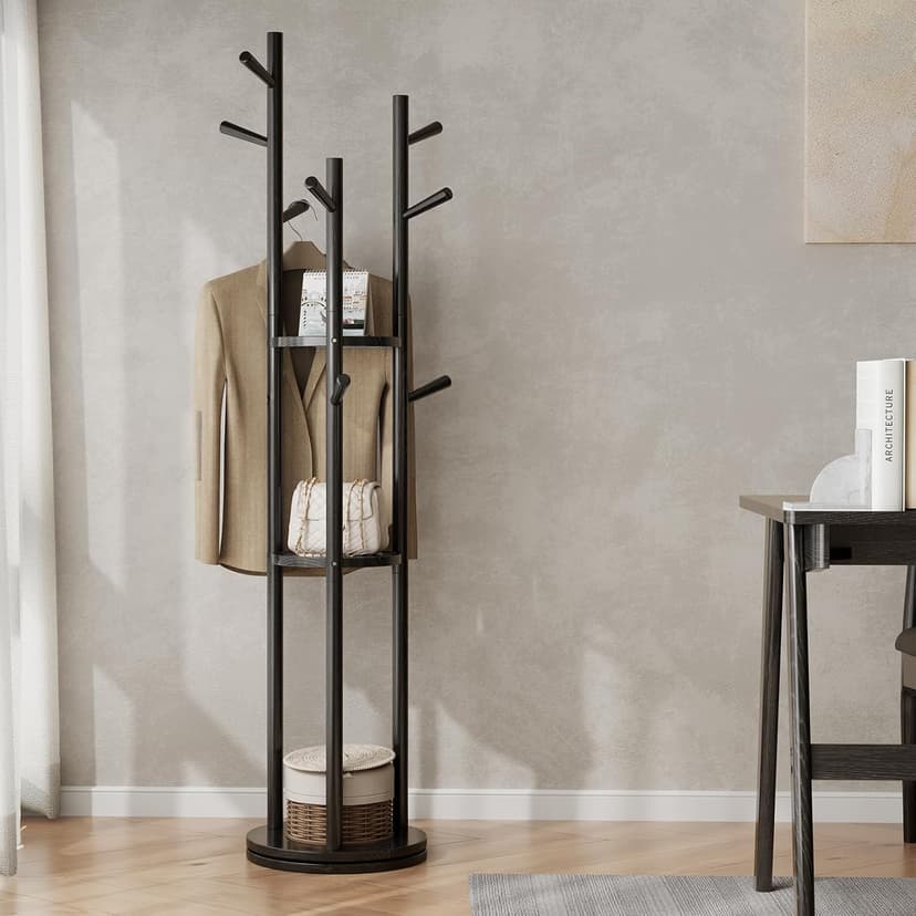 KungFuWood Coat Rack, Solid Wood Rotary Coat Rack Stand, Freestanding Coat Rack with 3 Shelves and 9 Hooks, Sturdy and Easy to Assemble Coat Tree for Entryway, Bedroom, Coats, Bags (Black)