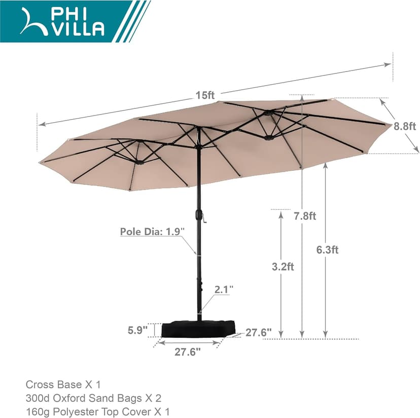 PHI VILLA 15ft Large Patio Umbrella with Base, Double-sided Outdoor Umbrella, Beige