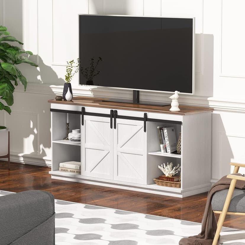 YESHOMY Farmhouse TV Stand and Entertainment Center for Televisions up to 65 Inchs, with Sliding Barn Doors and Storage Cabinets, Console Table and Media Furniture for Living Room, 58 Inch, Milk White