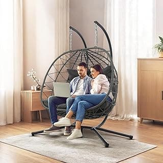 2 Person Double Egg Swing Chair with Stand Indoor Outdoor, Hammock Egg Chair Outdoor, Patio Wicker Hanging Egg Chair w/Cushion 700LBS Capacity for Bedroom, Balcony, Garden, Dark Grey