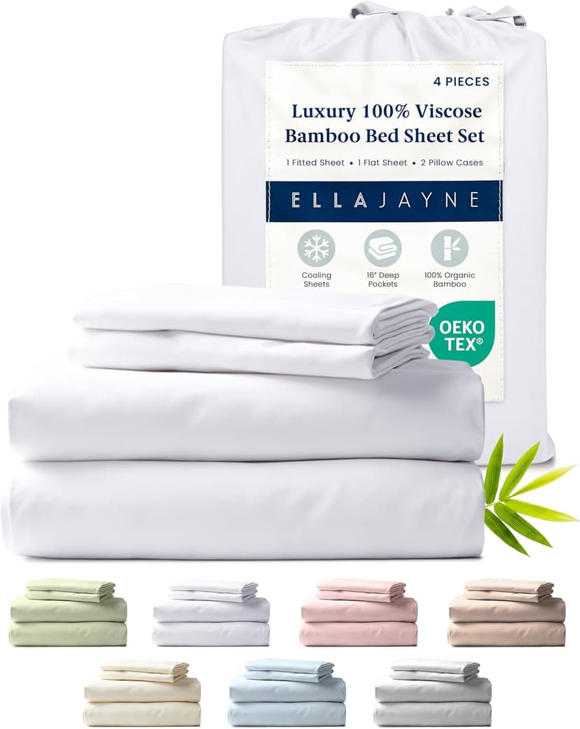 Ella Jayne Viscose Derived from Bamboo Sheets Set (4 Pieces) Queen Size, Ultra Soft & Luxuriously Cooling, Eco-Friendly Queen Sheet Set Deep Pockets 16 Inch (White)