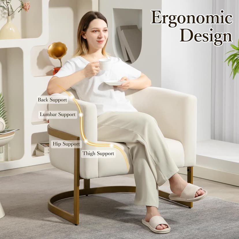 Modern Off-White Accent Chair, Velvet Barrel Chair Padded Seat, Upholstered Comfy Armchair for Reading/Living Room/Bedroom/Club Side Chairs with Luxury Gold Frame