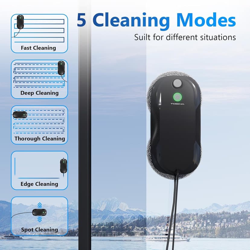 Tosima W5 Window Cleaning Robot, Dual Direction Auto-Spray Smart Window Cleaner with Triple Safety System, Smart Navigation, Remote Control, for All Smooth Surfaces, with 8 Rags, Black