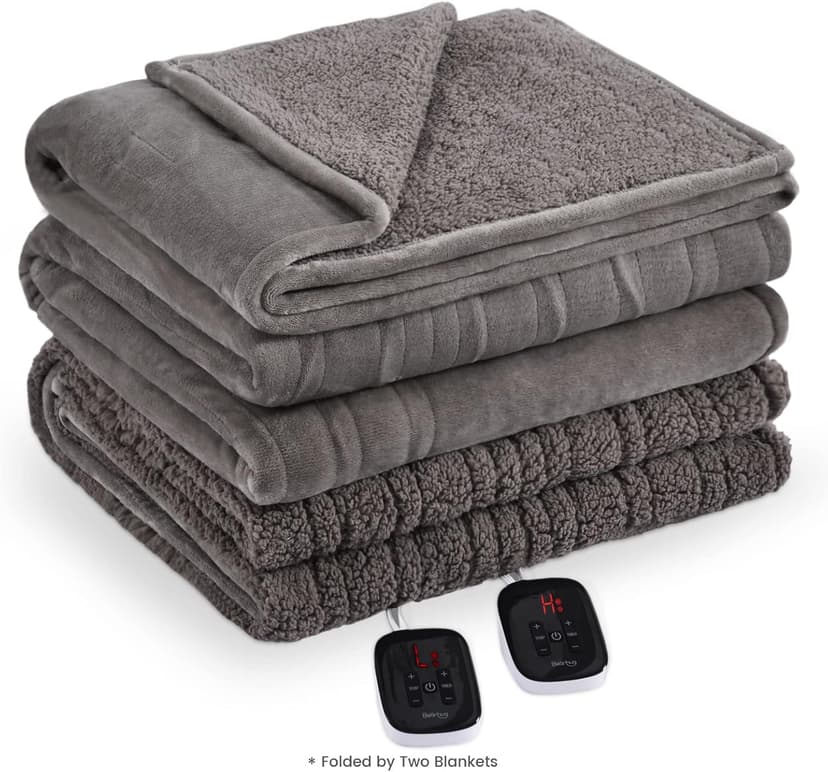 Bearhug Electric Blanket King Size 100" x 90", Dual Controller Heated Blanket, Velvet & Sherpa, 10-Heat Levels & 1-12H Auto Off, Over-Heat Protect, ETL, Machine Washable