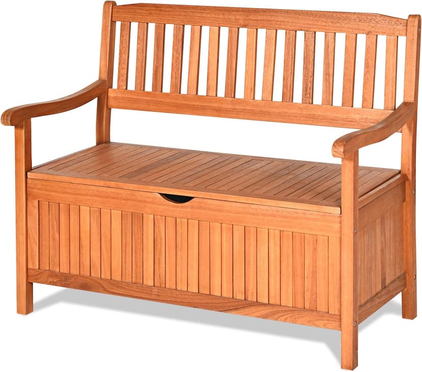Safstar Outdoor Patio Bench with Storage Box, 33 Gallon Capacity, Wooden Frame, Eucalyptus Material, Natural Color, 42 x 23 x 35.5 Inches