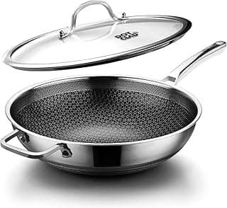 Wok pan,Hybrid 13 inch Wok with Lid, PFOA Free Cookware,non stick Stainless Steel Woks & Stir-fry pans Nonstick, Dishwasher and Oven Safe, Works on Induction