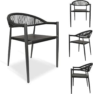 4 Pcs Stackable Patio Dining Chairs, Aluminum Rattan Outdoor Dining Chair with Arms, Woven Rope Garden Armchair Metal No Assembly for Bistro Balcony Porch Deck Yard Cafe Restaurant, Black