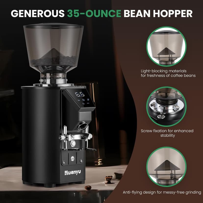 Huanyu Commercial Coffee Grinder with Touching Screen Infinite Adjustment 8 Grinding Settings Burr Coffee Grinders for Shops with Dual Dosing Modes