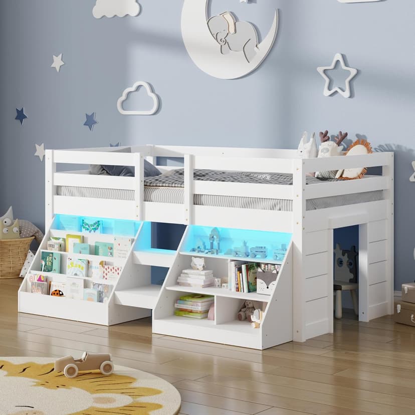 Twin Size Low Loft Bed with Stairs for Kids, Wooden Twin Loft Bed with LED Light & Safety Guardrail & Bookcase & Under-Bed Play Space, White