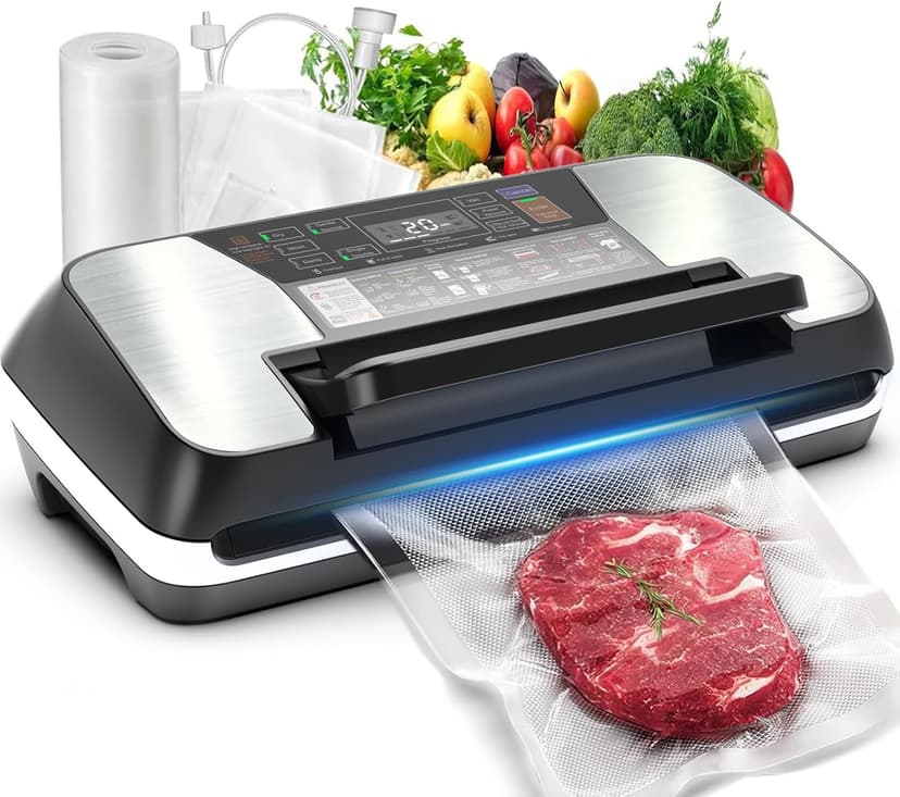 230 Watts Vacuum Sealer for Food, Commercial Vacuum Sealer Machine with Double Heat Seal, Easy Lock Handle, 12 Functions, Bags Storage,Build-in Cutter, 1 Roll and 10 Pre-cut Bags, Progress Display