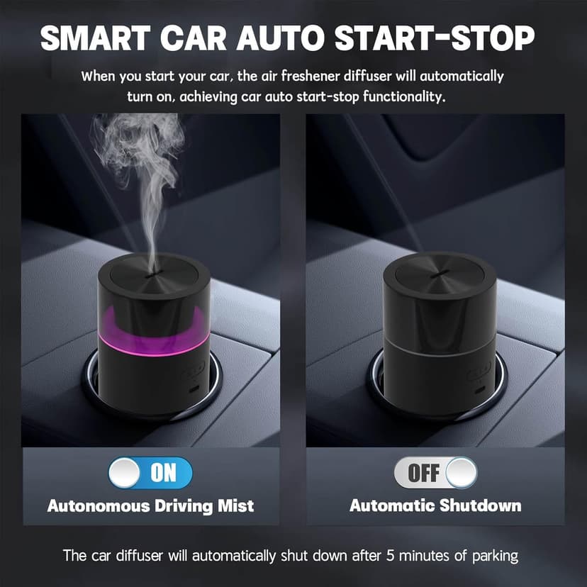 HODEMI Car Diffuser with Auto Start-Stop,Portable Humidifier with Memory Function,Battery-Powered Essential Oil Diffuser with 8-Color Ambient Ligh for Car,Home,Office,and Travel (Black)