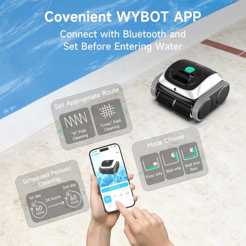 (2025 Upgrade) WYBOT C1 Robotic Pool Vacuum for Inground Pools, 150min Runtime Cordless Pool Cleaner, 4-in-1 Wall & Waterline Cleaning Up to 1,614Sq.ft, Smart Navigation, App Support