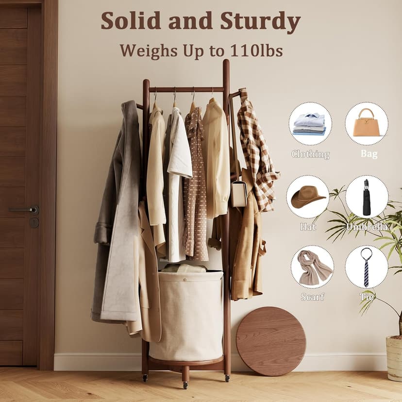 Solid Wood Coat Rack with Fabric Basket - Coat Hanger Stand Coat Tree Rack Freestanding with 9 Hooks Wheels, Small Clothes Rack For Entryway Bedroom Hallway Living Room