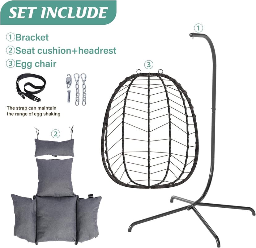 Egg Chair with Stand, Patio Wicker Hanging Chair, Hammock Swing Chair, 350LBS Capacity for Bedroom, Balcony(BR-GR)