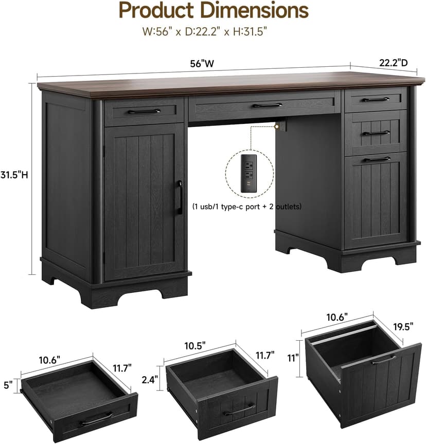 56" Large Modern Executive Desk, Farmhouse Computer Desk with File Drawers, Wood Home Office Desks with Charging Station, Adjustable Shelf, Storage Cabinet, for Writing Work Study (Black)
