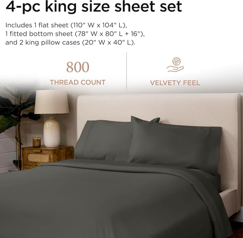 Threadmill Luxury 800 Thread Count King 100% Cotton Sheets - Dark Grey Sateen Weave Bed-Sheets, Better Than Egyptian Cotton,4 Pc Solid Soft Bedding Set, Fits 16" Deep Pocket