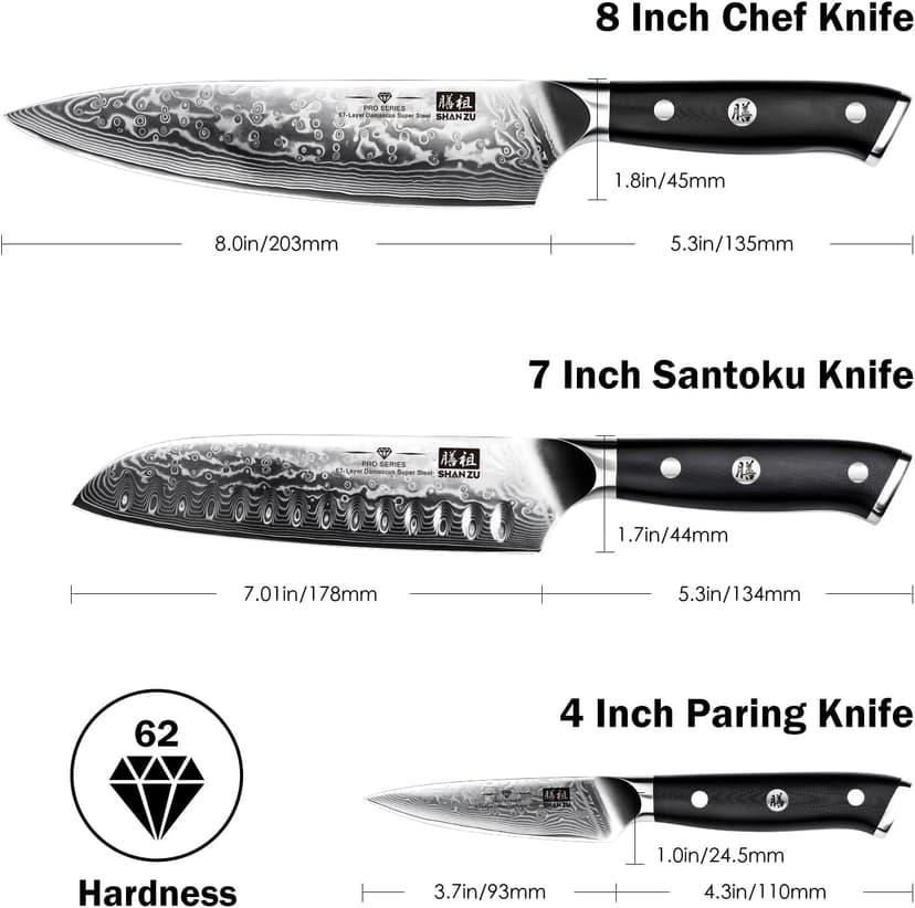 SHAN ZU Damascus Knife Set, Japanese Super Steel 3 PCS Damascus High Carbon Professional Ultra-Sharp Kitchen Chef Knife Set with G10 Handle Gift Box