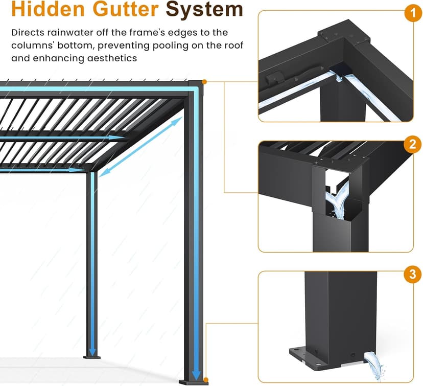 Louvered Pergola 12'x16', Full Aluminum Outdoor Pergola with Adjustable Proof and Gutter System, Metal Hardtop Gazebo for Patio, Deck, Garden, Yard, Black