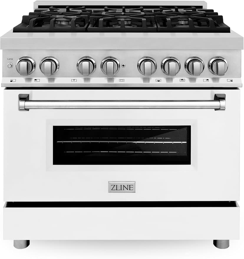 ZLINE 36 in. 4.6 cu. ft. Legacy Dual Fuel Range with 6 Burner Gas Cooktop and Electric Convection Oven in Stainless Steel and White Matte Door (RA-WM-36)