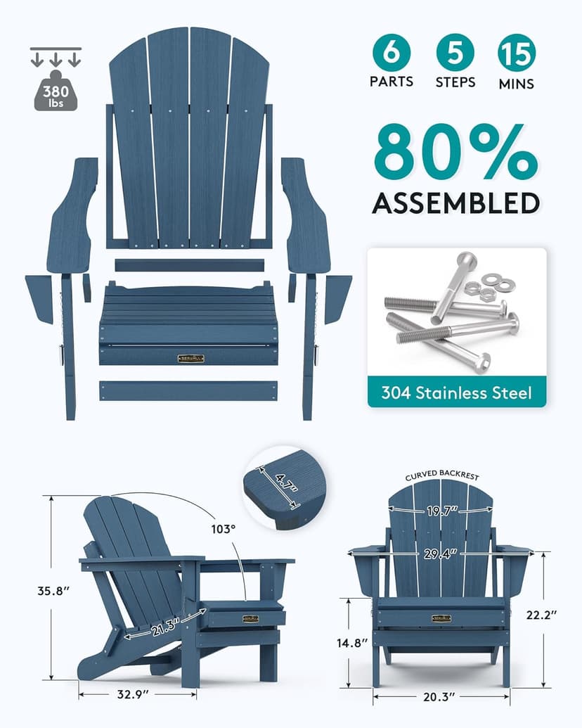 SERWALL Foldable Adirondack Chair Set of 4 for Patio Garden Outdoors Fire Pit-Ocean Blue