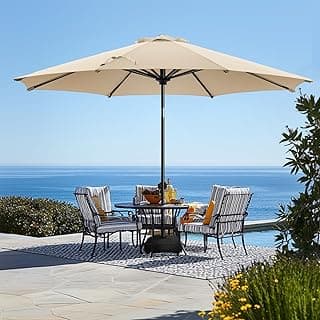 wikiwiki 11FT Patio Umbrellas with Base Included, Outdoor Umbrella with Sandbag Base, 8 Sturdy Ribs, Fade Resistant Waterproof POLYESTER DTY Canopy for Garden, Lawn, Deck, Backyard & Pool，Beige